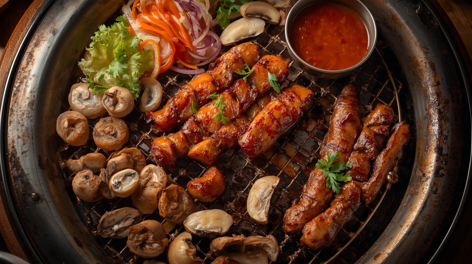 Intestinos de cerdo a la parrilla en un restaurante nocturno de Gangnam, Seúl.